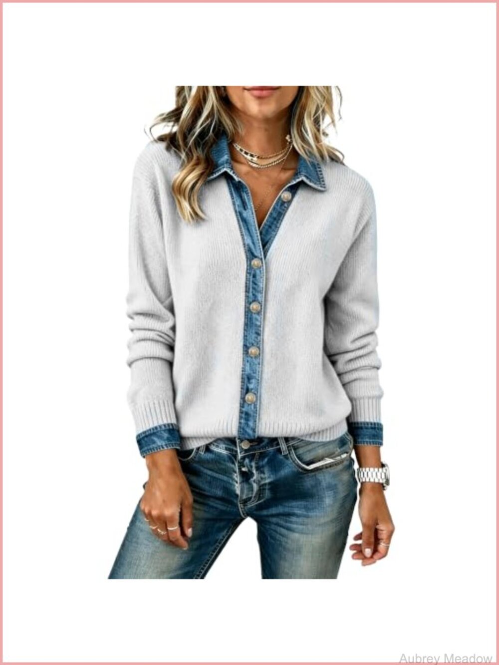 Women's Cardigan Sweaters Denim Patchwork Trim Knitted Long Sleeve Button